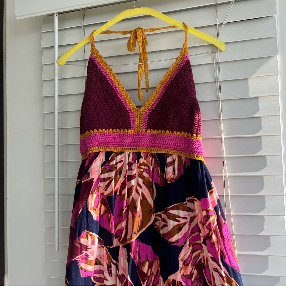 Crochet-Top Floral Halter Dress in Magenta and Mustard